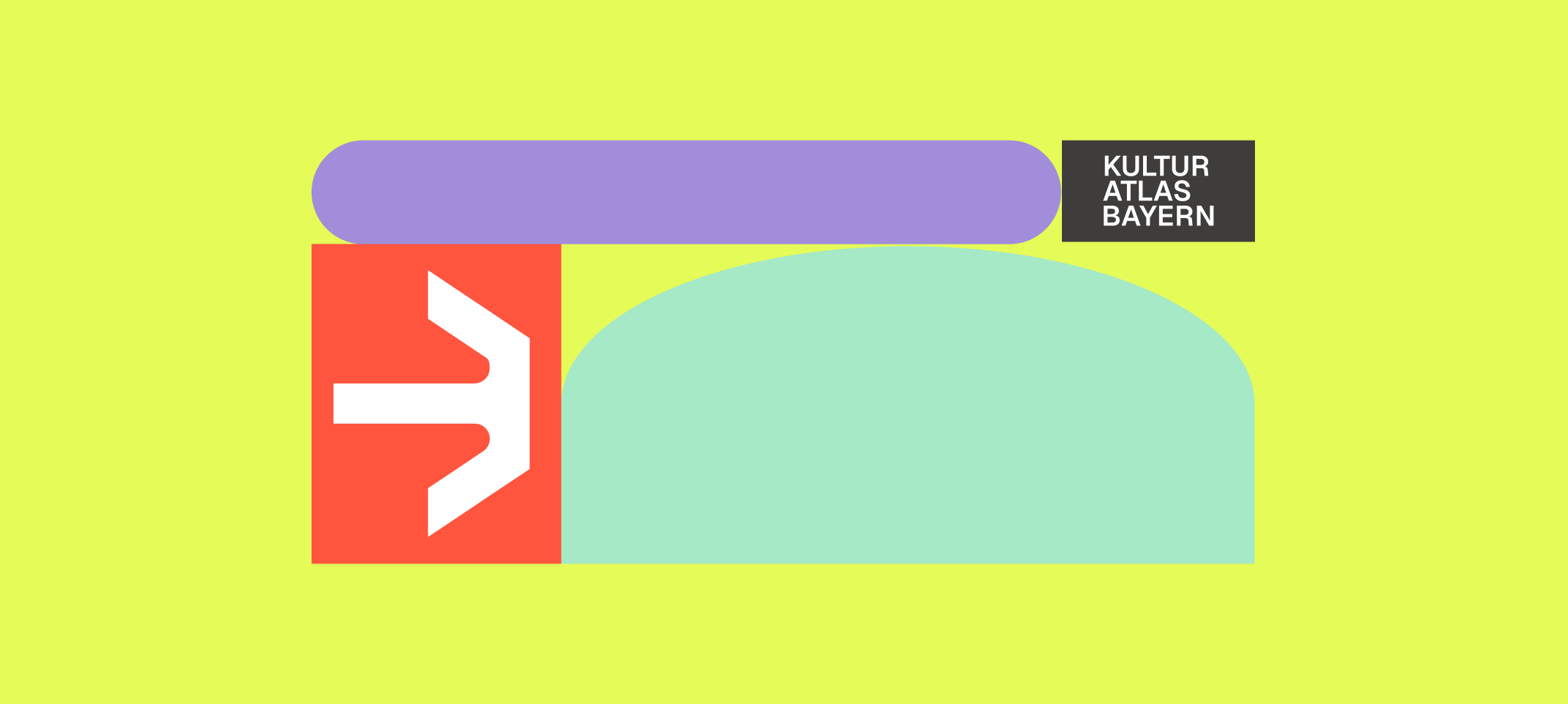 Kultur Atlas Bayern — arrow mark and wordmark over the lime, coral and lilac shape blocks