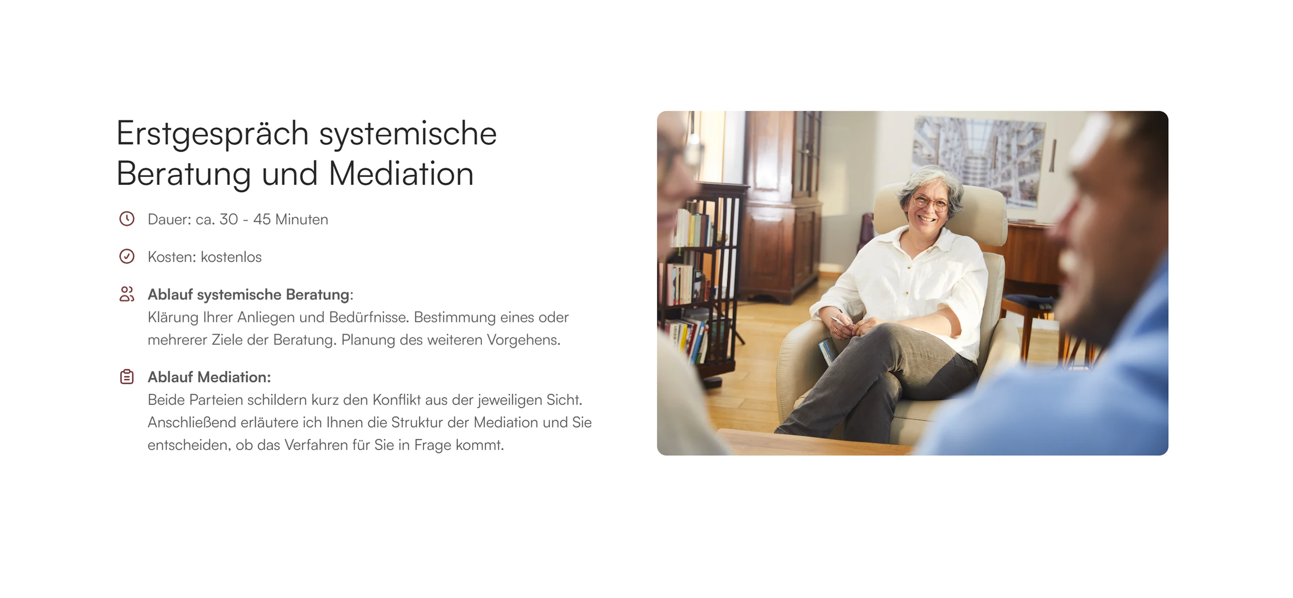 A section of the live site — the heading “Erstgespräch systemische Beratung und Mediation” with duration, cost and the two process outlines, beside a photo of Dorothee Bremer in her practice seen past the shoulders of two clients
