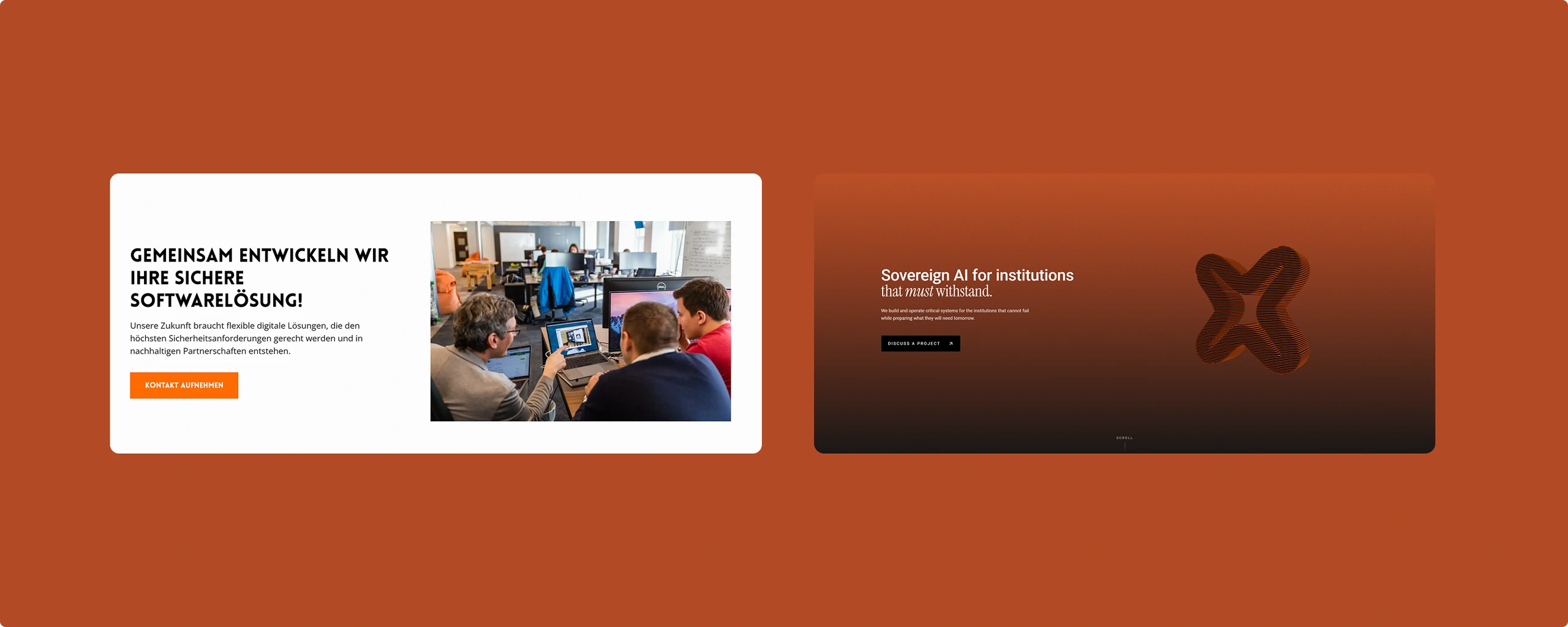 Before and after: the old white “Gemeinsam entwickeln wir Ihre sichere Softwarelösung” hero next to the new dark “Sovereign AI for institutions” hero