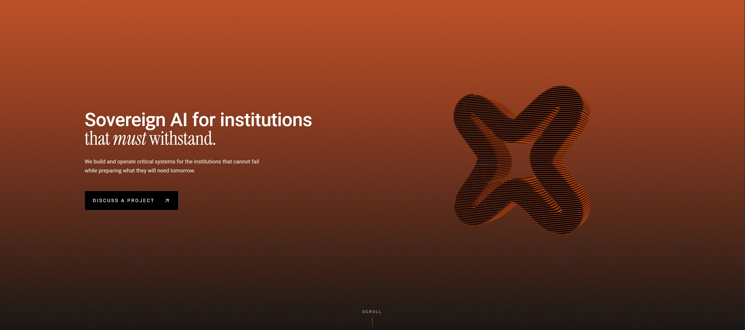 neXenio site hero — “Sovereign AI for institutions that must withstand”, orange gradient with the rippled X mark