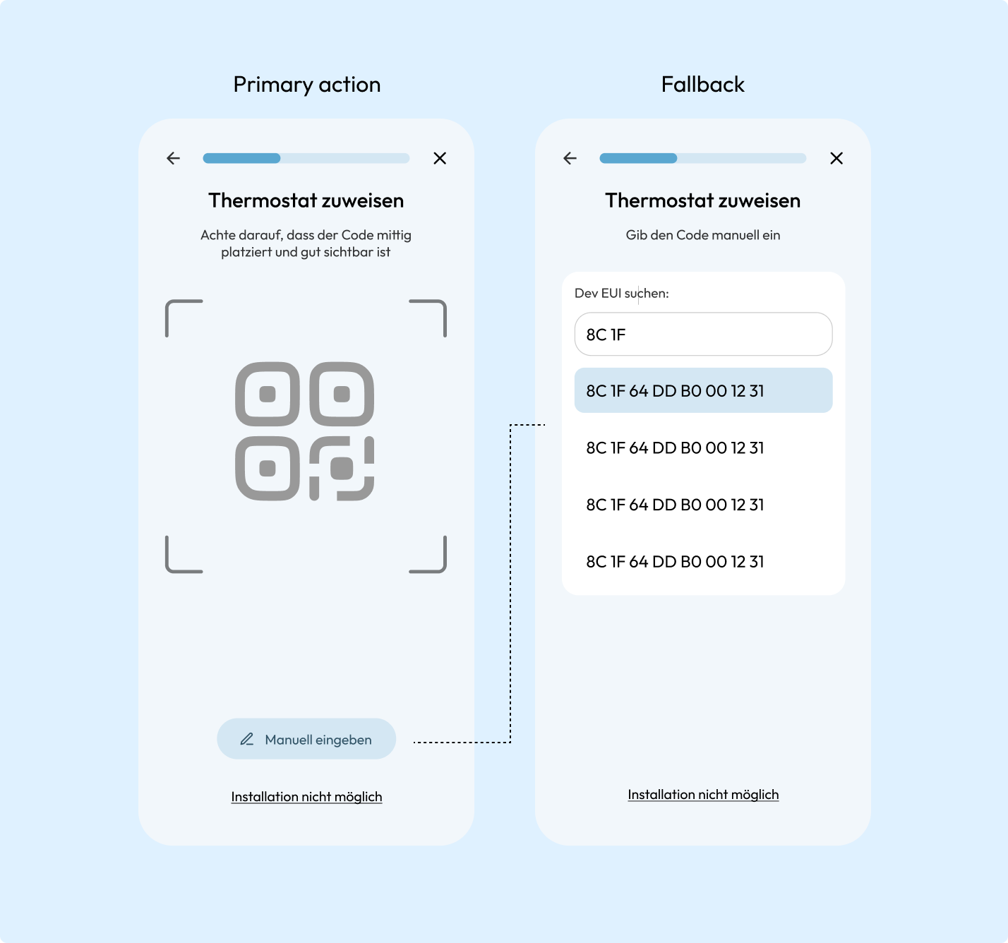 Primary QR-scan screen and its manual Dev-EUI search fallback