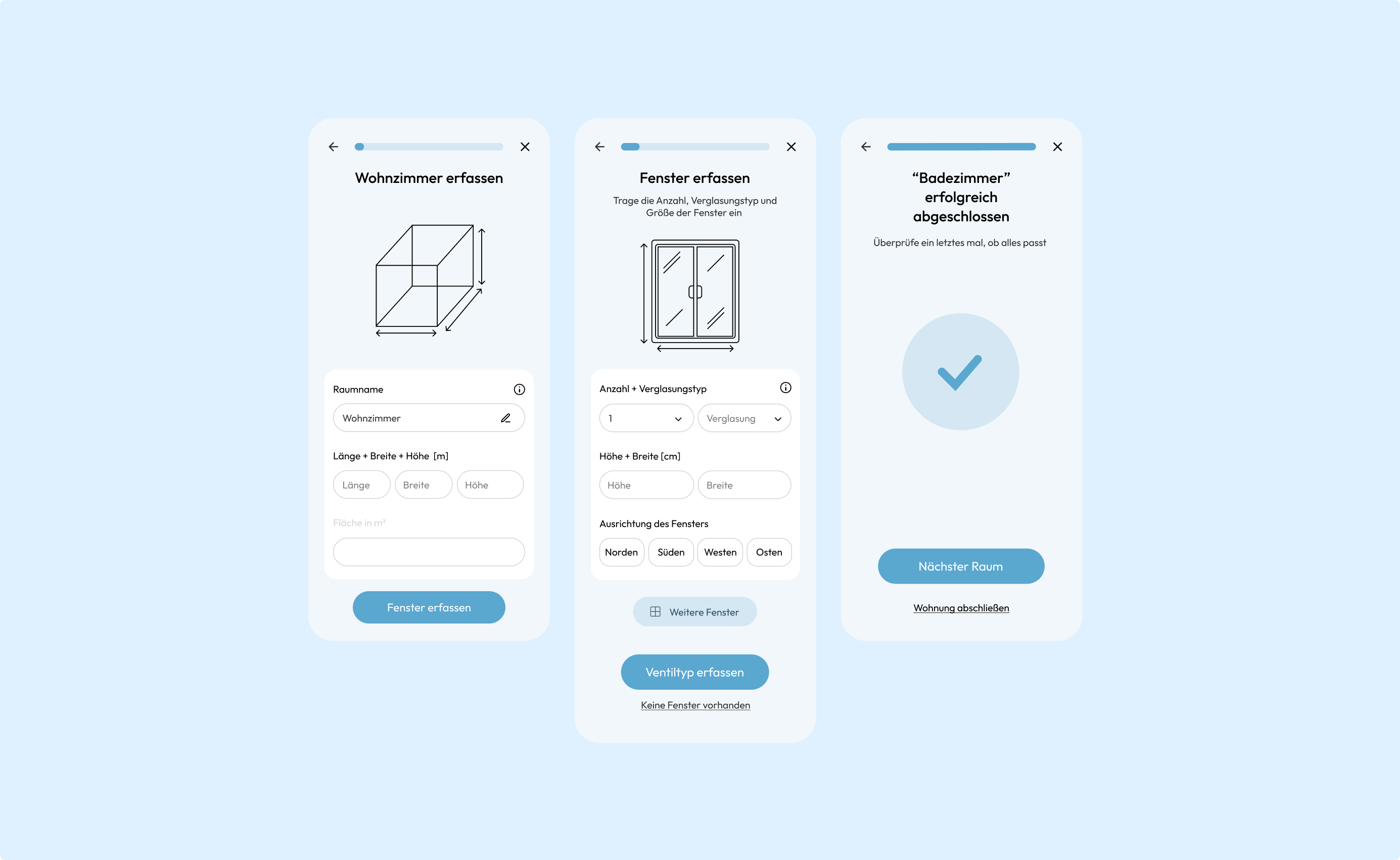 Three app screens: room confirmation, room capture form, and window capture